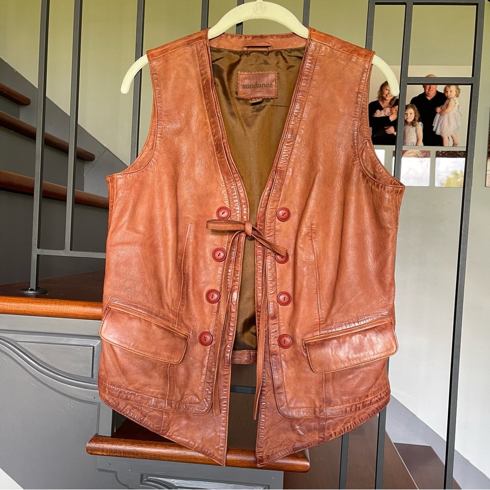 Sundance Rustic Brown Leather Button Front Vest - Picture 6 of 16